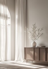 Elegant oak sideboard centered in a Scandinavian living room, adorned with a white vase of blooming willow branches