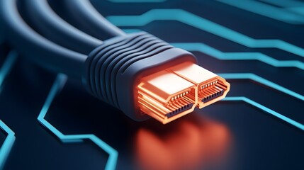 Glowing Blue Ethernet Cables on High Tech Digital Background with Neon Lighting Reflections  Abstract futuristic technology and communication concept with sharp focus on cable ends