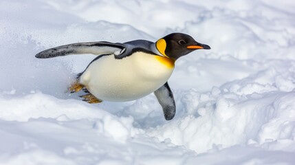 Obraz premium Emperor penguin jumping through the snow in a polar landscape, dynamic and playful.