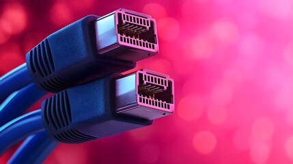 Closeup of Vibrant Blue RJ45 Ethernet Cables Glowing and Reflecting on a Futuristic High Tech Digital Network Background with Soft Neon Lighting Effects