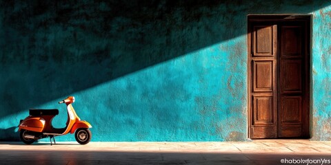 Closeup of a vintage orange   scooter parked near a teal-painted wall.