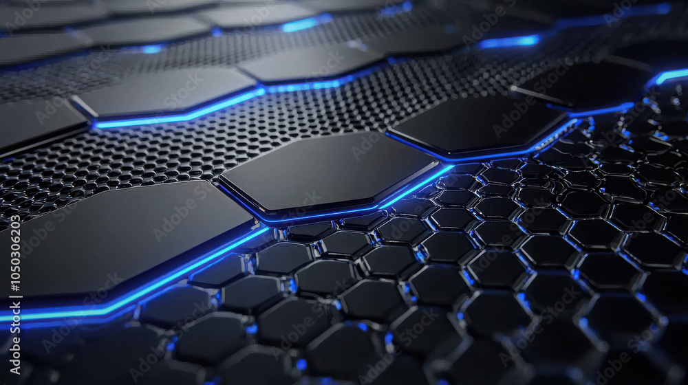 Poster cybernetic hexagon grid: abstract technological background with glowing blue lines on a dark metalli