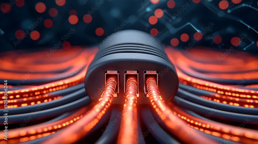 Aufkleber Close up view of illuminated RJ45 ethernet cables set against a dark digital landscape with luminous data streams and circuit patterns conveying the concept of modern connectivity and technology