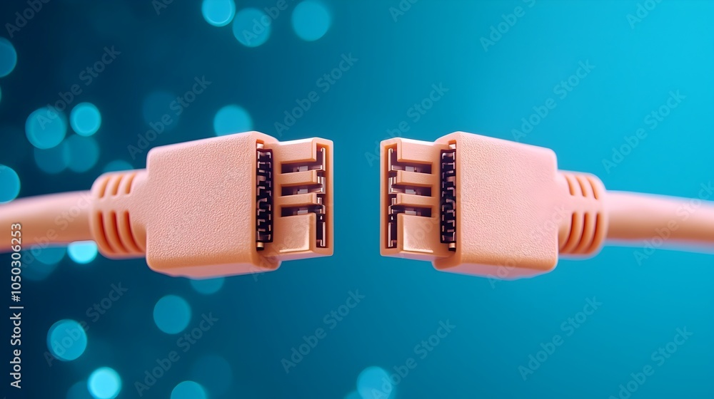 Poster Glowing blue RJ45 Ethernet cables in focus the connectors emitting a bright light on a digital backdrop with abstract data visuals representing modern networking and digital transformation