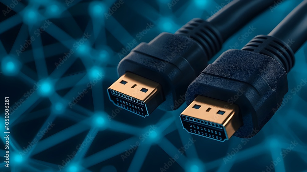 Poster Glowing blue Ethernet cables in focus the connectors emitting a bright light against a digital backdrop with abstract data visualizations