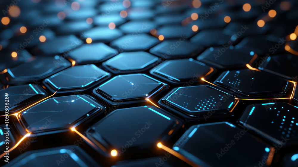 Poster abstract hexagon network: futuristic digital honeycomb structure with glowing blue and orange nodes.