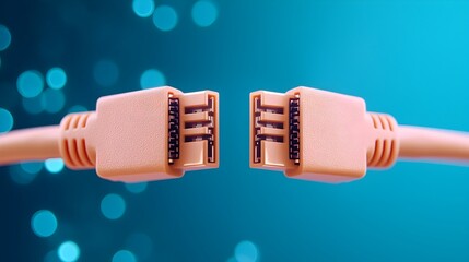 Glowing blue RJ45 Ethernet cables in focus the connectors emitting a bright light on a digital backdrop with abstract data visuals representing modern networking and digital transformation