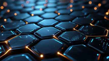 Fototapeta premium Abstract Hexagon Network: Futuristic digital honeycomb structure with glowing blue and orange nodes. High-tech background perfect for tech, AI, and network concepts.