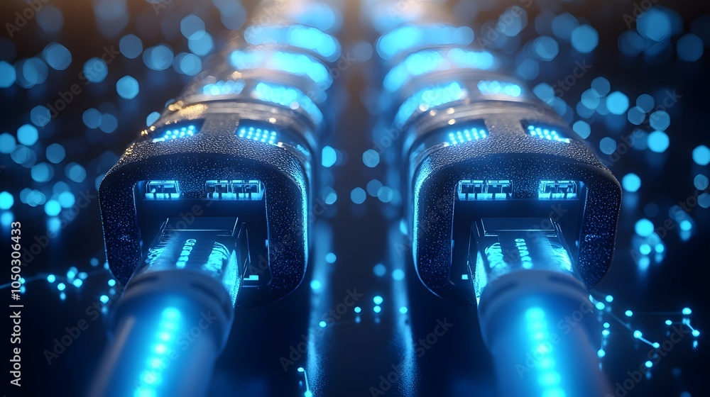 Poster illuminated rj45 ethernet cables with a blue glow showcasing the intricate details and futuristic de