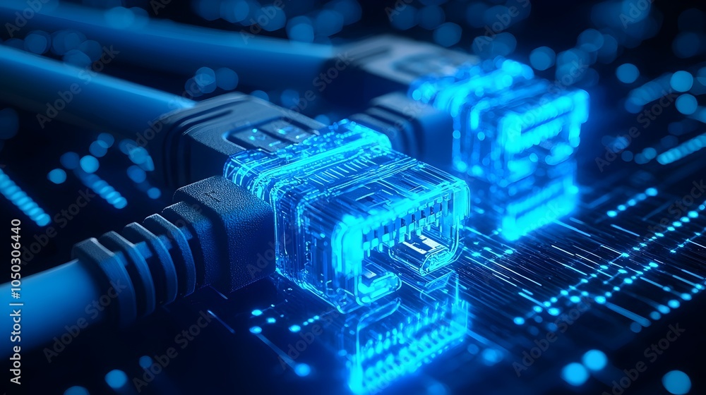 Leinwandbilder Glowing Ethernet Cables with Intricate Connector Details in Futuristic Digital Backdrop Highlighting the Essence of Modern Connectivity and Data Transmission