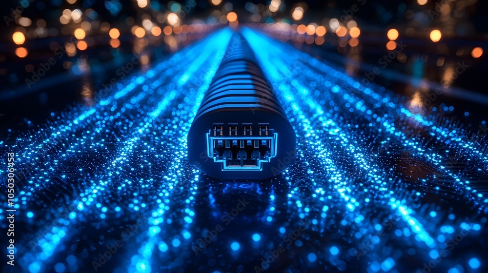 Poster intricate details of glowing rj45 ethernet connectors against a futuristic digital backdrop highligh