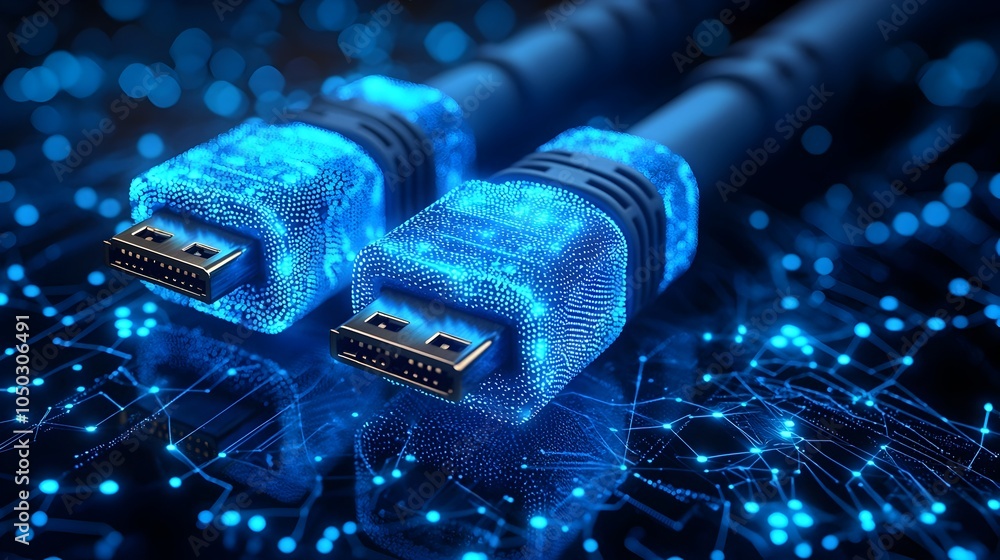 Poster Illuminated RJ45 Ethernet cables with a vibrant blue glow showcasing the intricate details and patterns of the connectors against a futuristic digital backdrop