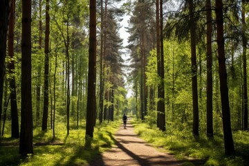 Obraz premium Young adult man jogging along a natural trail in a lush forest on a bright summer day