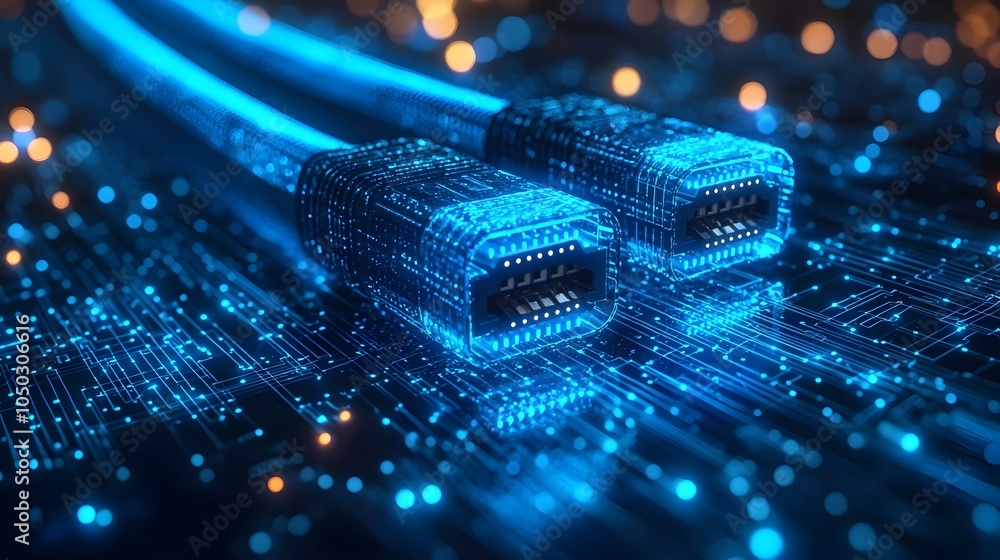 Poster Macro close up shot of RJ45 Ethernet cables with a vibrant blue glow set against a digital background with flowing data lines and intricate geometric patterns  The image conveys a sense of technology