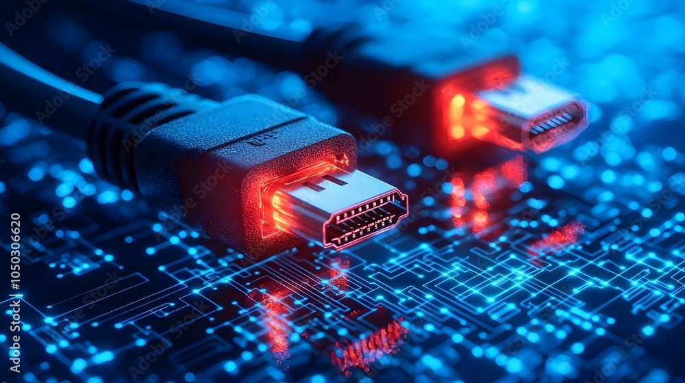 Aufkleber Closeup view of glowing RJ45 Ethernet cables against a bright blue digital background with circuits and data grids