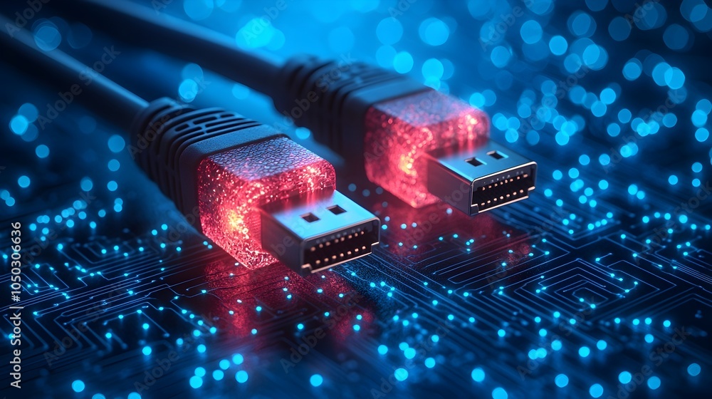Leinwandbilder Close up view of glowing RJ45 Ethernet cables against a bright blue digital background with circuits and data grids emphasizing high speed internet connections and data transfer technology