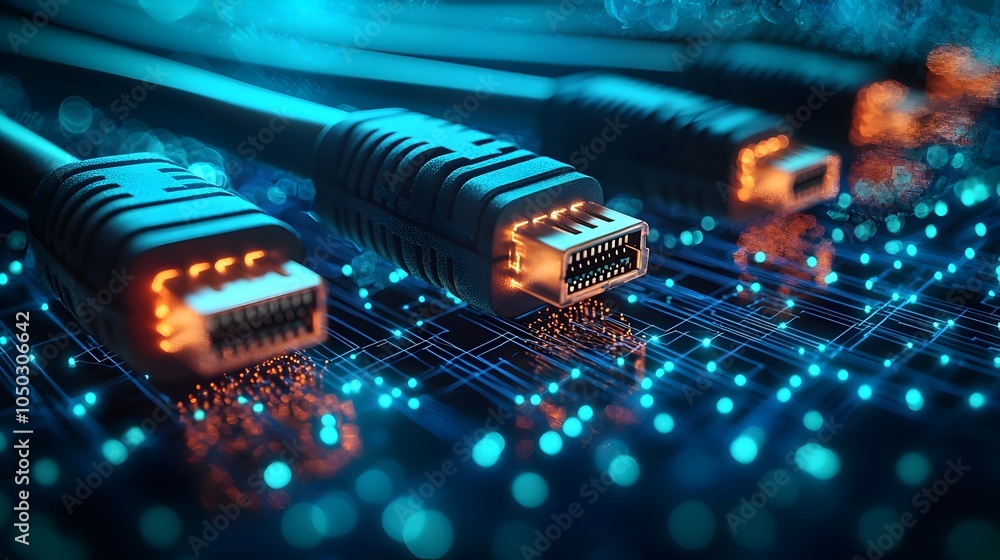 Poster Closeup view of glowing RJ45 Ethernet cables against a bright blue digital background with circuits and data grids emphasizing the concept of high speed internet connections modern technology