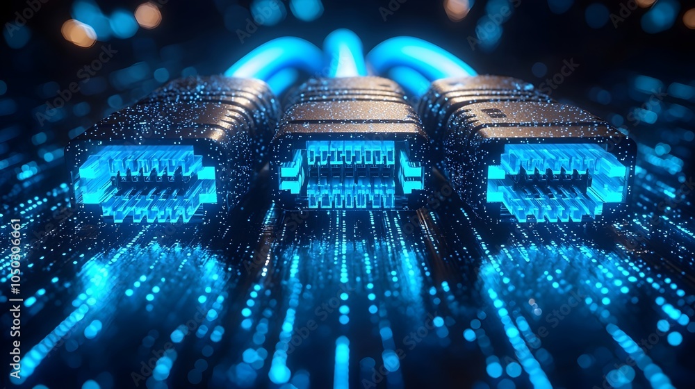 Aufkleber detailed close up of rj45 ethernet cables with glowing blue light from connectors placed over a futu