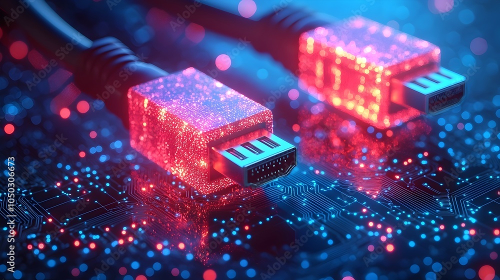Aufkleber Close up view of glowing RJ45 Ethernet cables on a bright blue digital background with circuits and data grids emphasizing high speed internet connections and modern data communication technology
