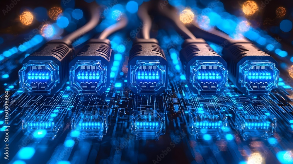 Aufkleber detailed close up of rj45 ethernet cables glowing blue light from connectors placed over a futuristi