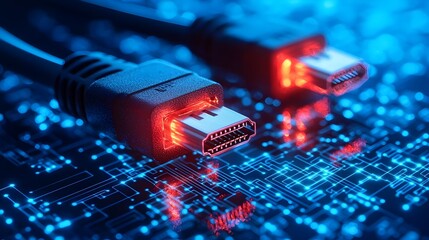 Closeup view of glowing RJ45 Ethernet cables against a bright blue digital background with circuits and data grids