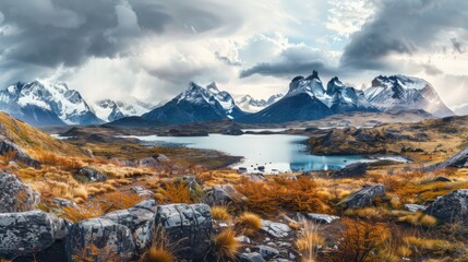 Fototapeta premium A dramatic view of the Patagonia landscape with towering granite peaks, pristine lakes, and sprawling glaciers under a cloudy sky