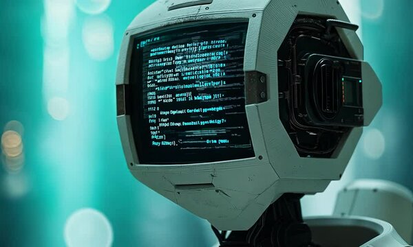 Robot with Retro Monitor Head Displaying Code in Futuristic Setting