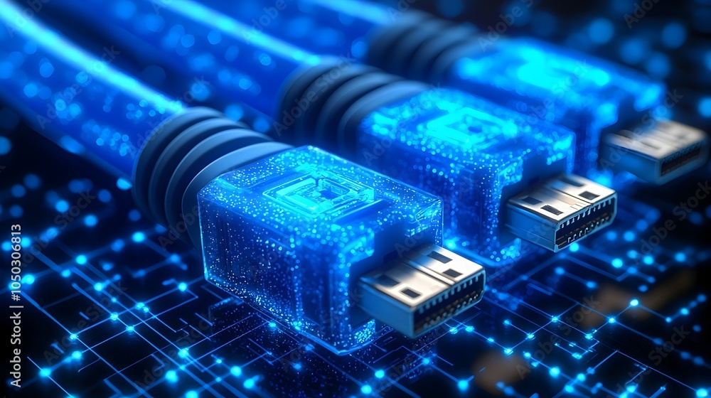 Aufkleber Close up view of glowing blue RJ45 Ethernet cables set against a digital matrix background highlighting the intricate details and connection points of the network interface connectors
