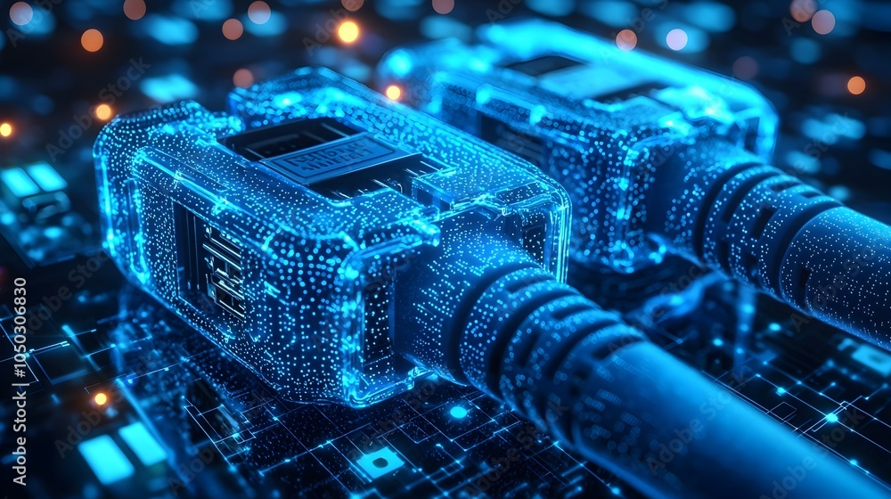 Poster Closeup view of glowing blue RJ45 Ethernet cables against a digital matrix background showcasing the intricate details and connection points of the network hardware