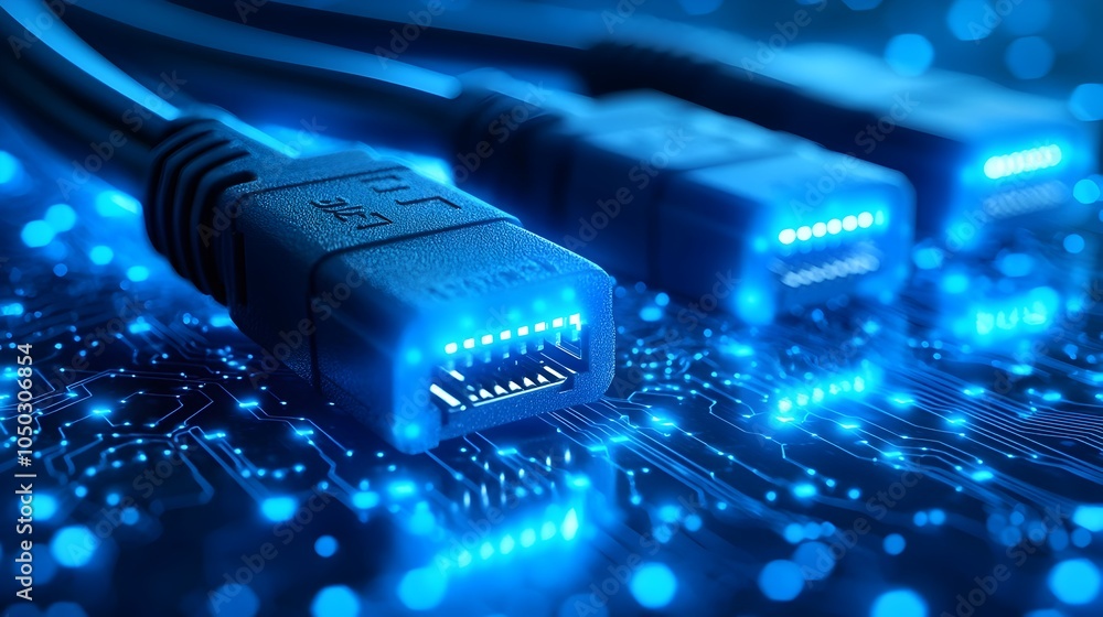 Poster Glowing RJ45 Ethernet cables in soft blue light against a sleek digital backdrop featuring data points and circuit lines showcasing a high definition network technology concept