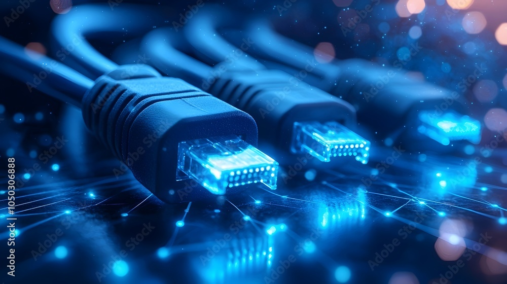 Poster Glowing RJ45 Ethernet Cables in Soft Blue Light Against a Sleek Digital Background Featuring Data Points and Circuit Lines Showcasing a High Definition Network Theme