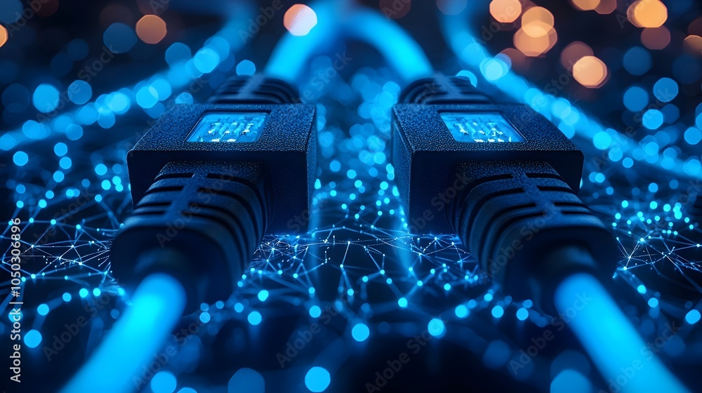 Poster Glowing RJ45 Ethernet cables in soft blue light against a sleek digital backdrop featuring data points and circuit lines creating a high definition network technology theme