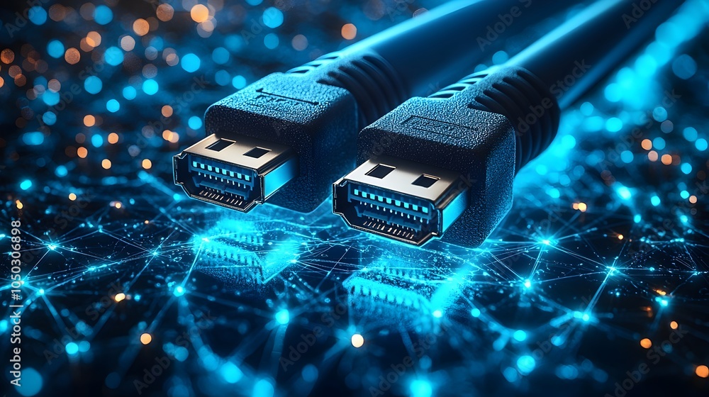 Poster Glowing RJ45 Ethernet cables in soft blue light set against a sleek digital backdrop featuring data points and circuit lines representing a high definition network theme