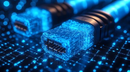 Close up view of glowing blue RJ45 Ethernet cables set against a digital matrix background highlighting the intricate details and connection points of the network infrastructure