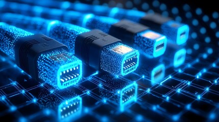 Close up view of glowing blue RJ45 Ethernet cables set against a digital matrix background that highlights the intricate details and connection points of the connectors