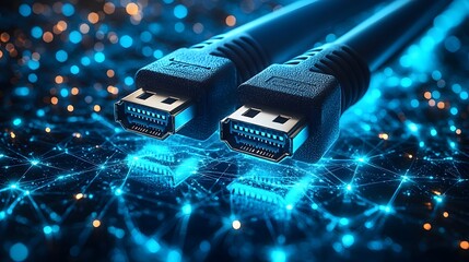 Glowing RJ45 Ethernet cables in soft blue light set against a sleek digital backdrop featuring data points and circuit lines representing a high definition network theme