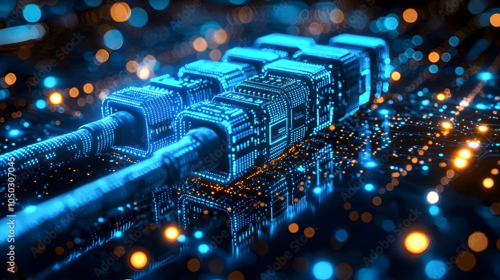Poster Macro view of glowing blue RJ45 Ethernet connectors against a dynamic digital background with swirling light effects and data symbols