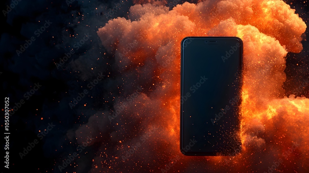Poster dramatic close up view of a smartphone explosion with a fiery burst of flames glowing sparks and a d