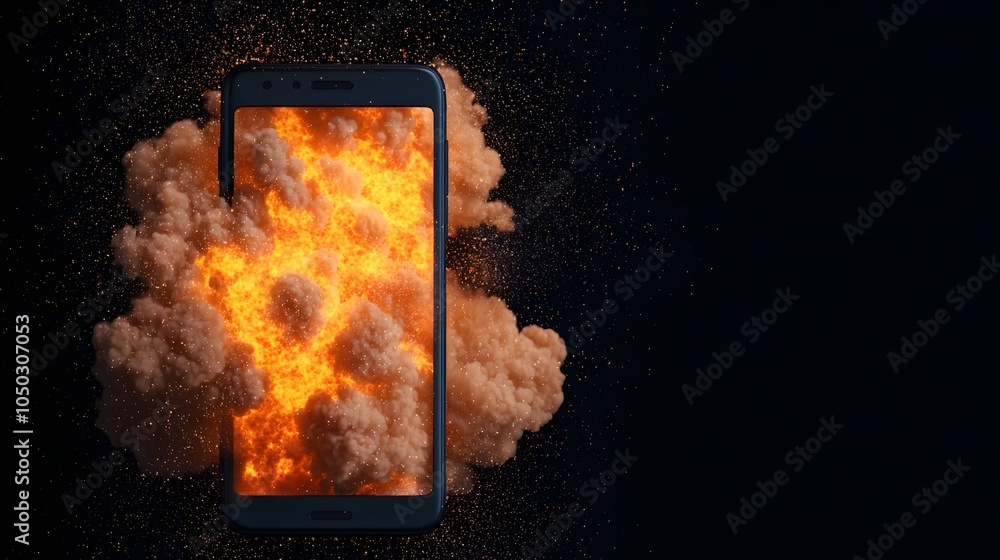Poster Dramatic close up of a smartphone device exploding in a fiery burst with glowing sparks and a dreamy bokeh effect against a high tech digital backdrop