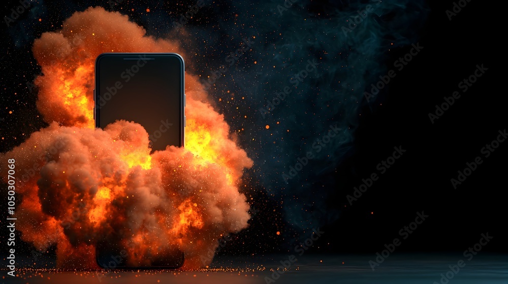 Poster dramatic close up view of a smartphone explosion featuring a fiery burst of flames and glowing spark