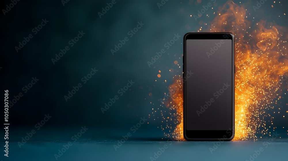 Aufkleber close up view of a dramatic smartphone explosion with a fiery burst of flames and glowing sparks aga