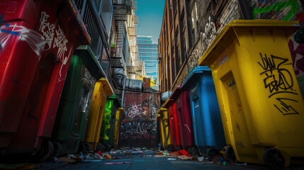 colorful garbage bins in urban alley