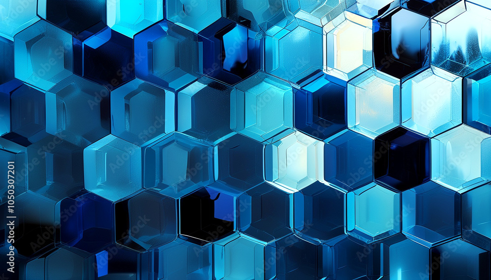 Poster intricate blue hexagonal patterns reflecting light in a modern artistic design