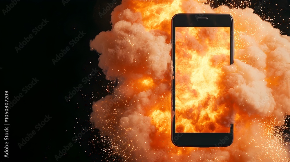 Poster dramatic close up view of a shattered smartphone erupting in flames and sparks with mesmerizing boke