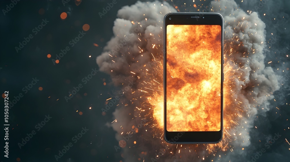 Aufkleber Dramatic close up scene of a smartphone shattering into pieces with flames and sparks erupting from the device  Surrounded by a dreamy
