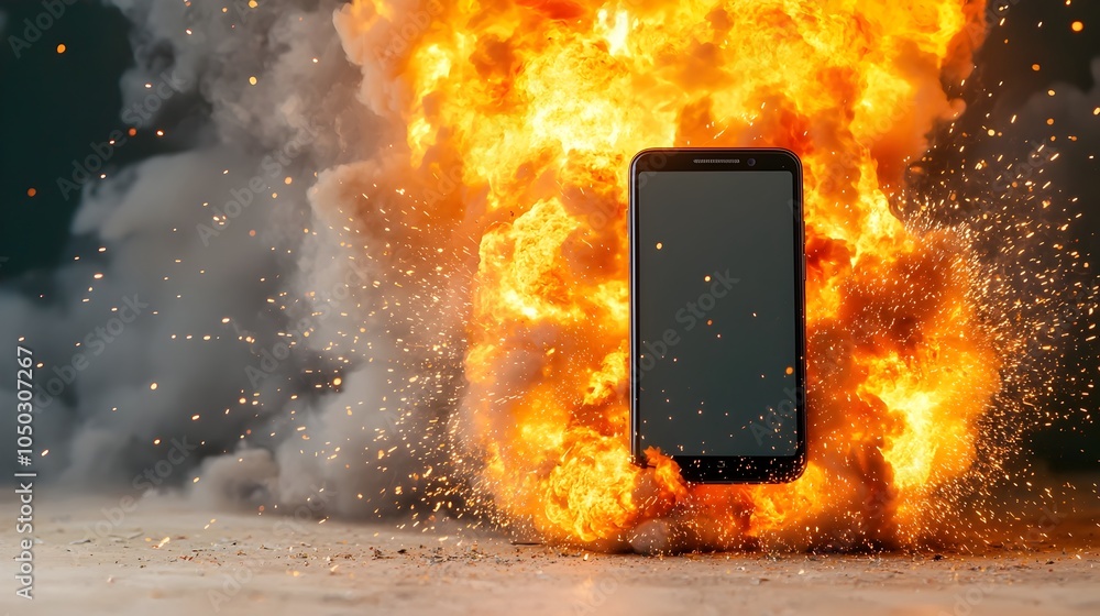 Poster closeup view of a smartphone shattering and erupting in flames and sparks with dreamy bokeh lights a