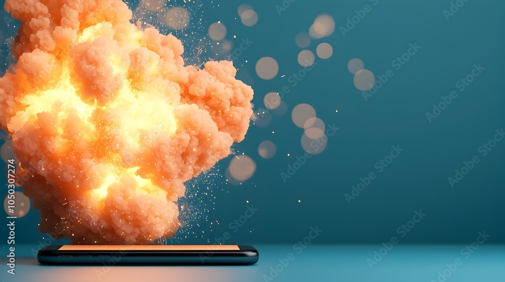 Aufkleber Dramatic close up view of a fiery burst exploding from a smartphone with sparks and flames bursting outward against a dynamic tech inspired background with dreamy floating bokeh effects