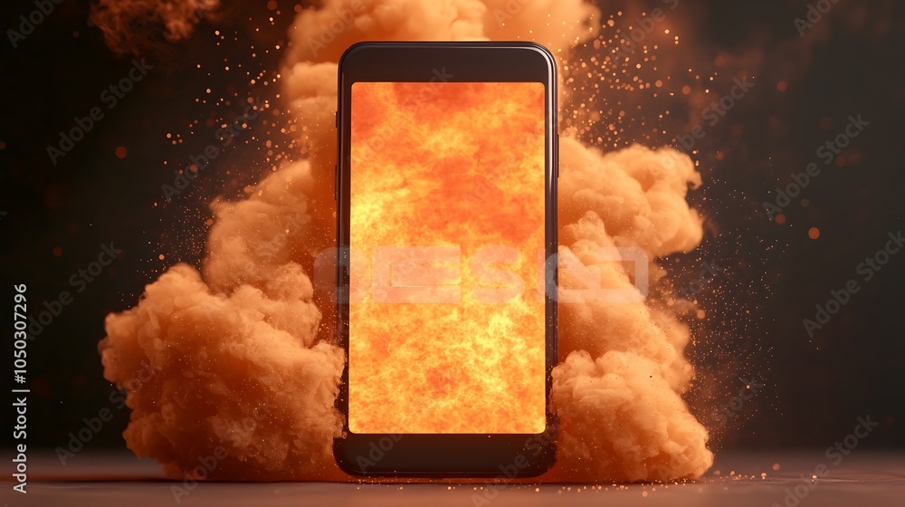 Fototapete dramatic close up image of a fiery burst of sparks and flames exploding outward from a smartphone de