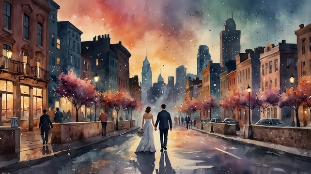 Wedding couple walking on the street, aquarell, wedding invitation
