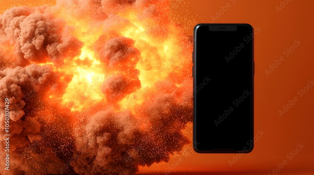 Poster dramatic close up view of a smartphone explosion with fiery bursts glowing sparks and soft bokeh eff